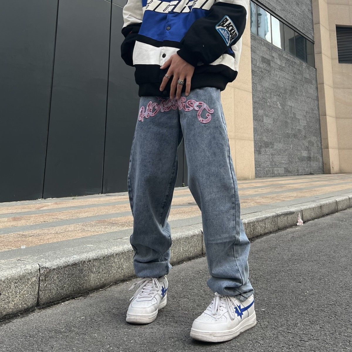 Y2K Men's Fashion Black Korean Streetwear Letter Print Low Rise Baggy Jeans Trousers Straight Hip Hop Denim Pants Male Clothes
