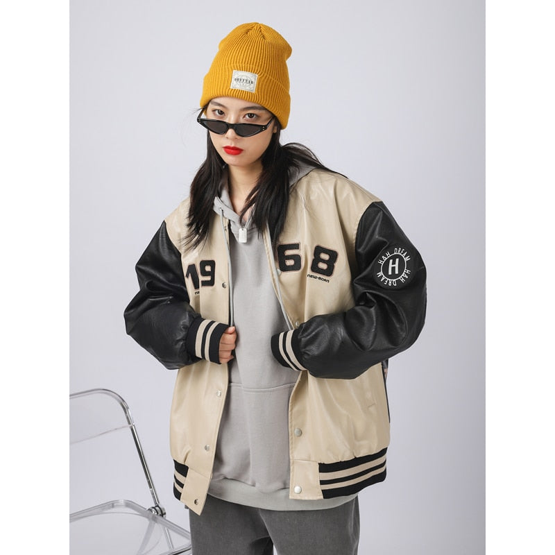 Beyzbol deri ceket erkekler portre mektubu Embroid motosiklet PU ceket erkek boy Varsity Vintage bombacı ceket Unisex yeni