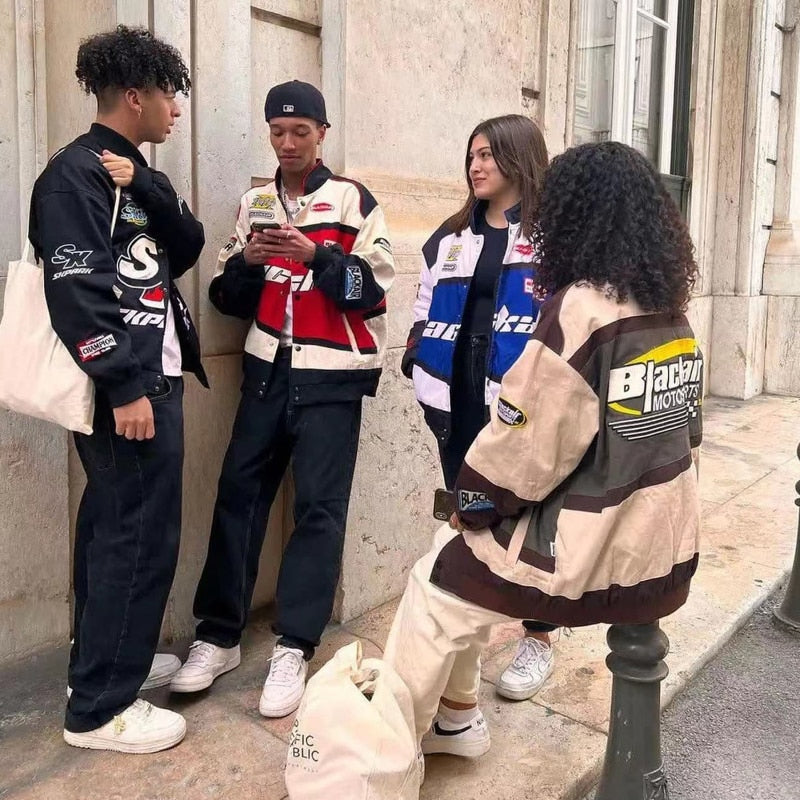 Retro Streetwear Motorcycle Baseball Jackets Mens Harajuku Letter Embroidery Patchwork Coats Casual Loose Varsity Jacket Unisex