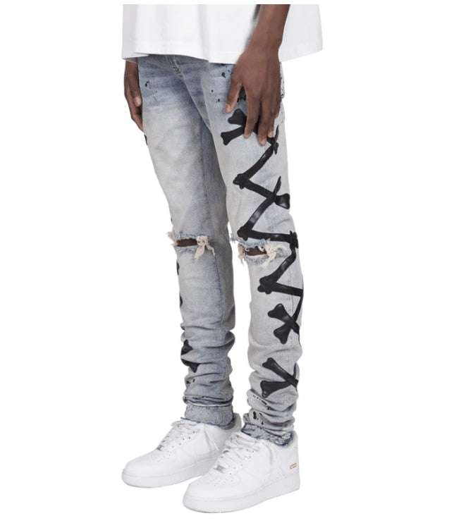 Ripped Jeans For Men Stretch Slim Printed Bones Skinny Pants Men Hip Hop Denim Trousers Streetwear Casual Stacked Jeans Blue