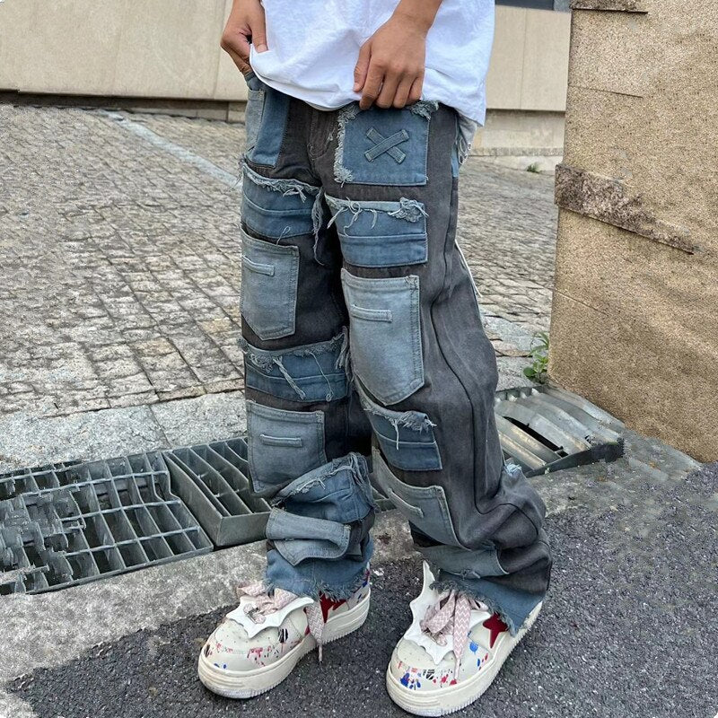2023 Cyber Y2K Streetwear Baggy Stacked Jeans Pants Men Clothing Straight Punk Multiple Pockets Denim Trousers Vetements Homme