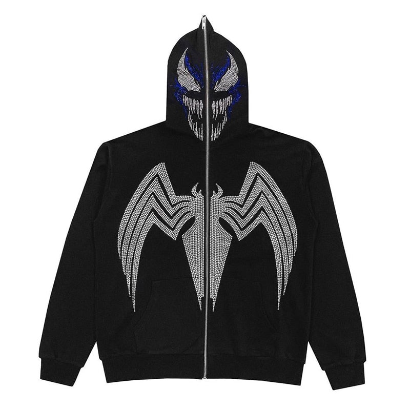 2022 Winter American Y2k High Street Red Black Hoodie Ironed Diamond Zip Up Cardigan Men Goth Couple Oversized Casual Sweatshirt