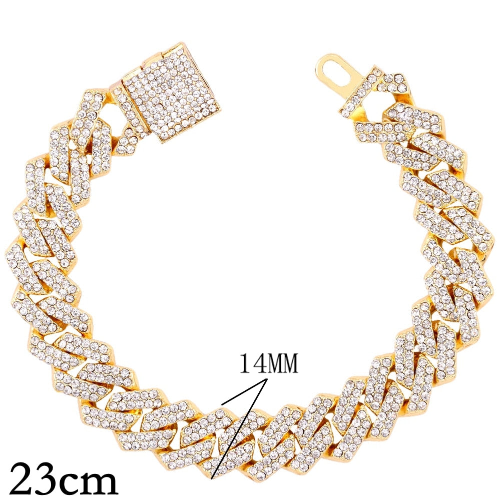14/20MM Hip Hop Metal Cuban Bracelet Iced Out Chain Bling Full Rhinestone Pave Luxury Crystal Bracelet For Men's Jewelry Gift