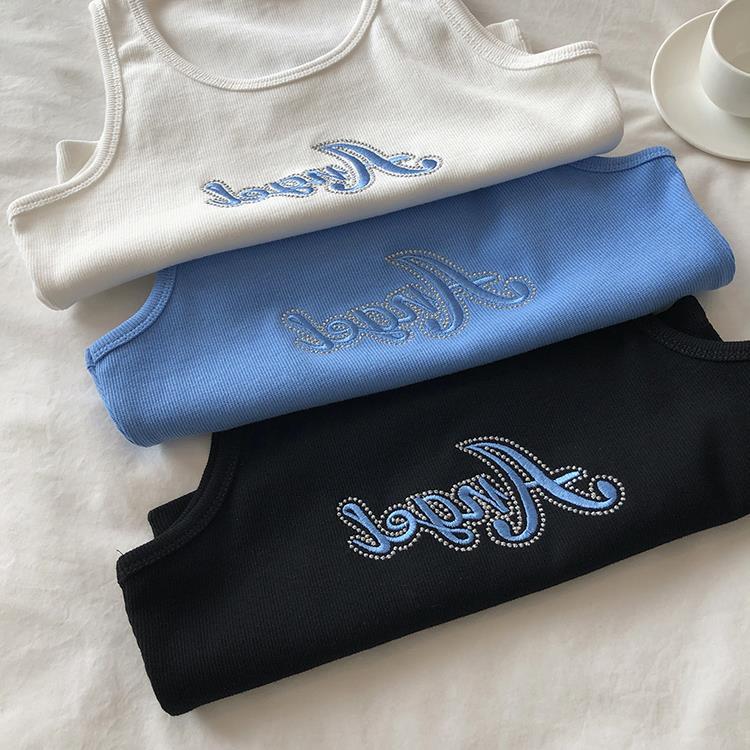 Embroidered Letters High Waist Crop Top Women Breathable Camisole Ribbed Solid Color Streetwear Y2K Gyaru Clothing Tank Top