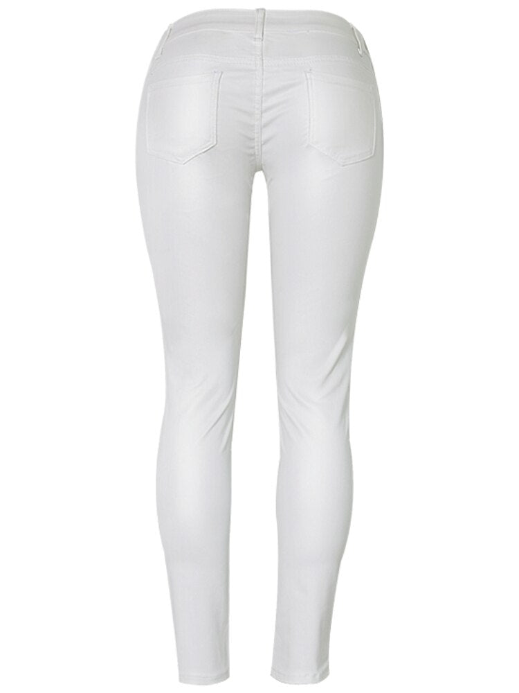 Low Waist Leather PU Pants Women Street Wear Fake Zippers White Cargo Slim Punk Push Up Fashion Skinny Elasticity Coated Jeans