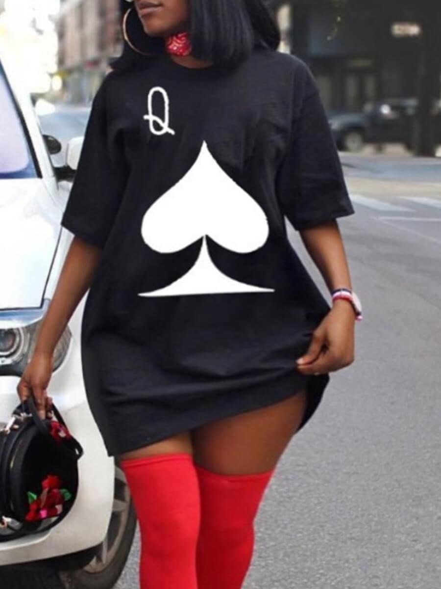 LW Plus Size Women Short Dress Casual O Neck Lip Print Black Mini T-shirt Dress Loose Sexy Mini Dress Robe Camiseta Vestidos