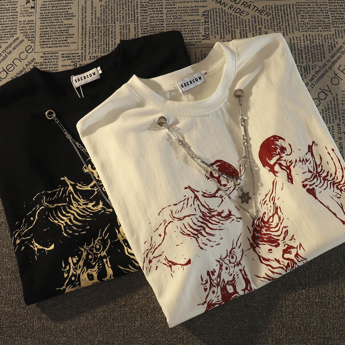 American style street dark skull style cotton short sleeved tshirt for men and women ins summer loose couple wear round neck top