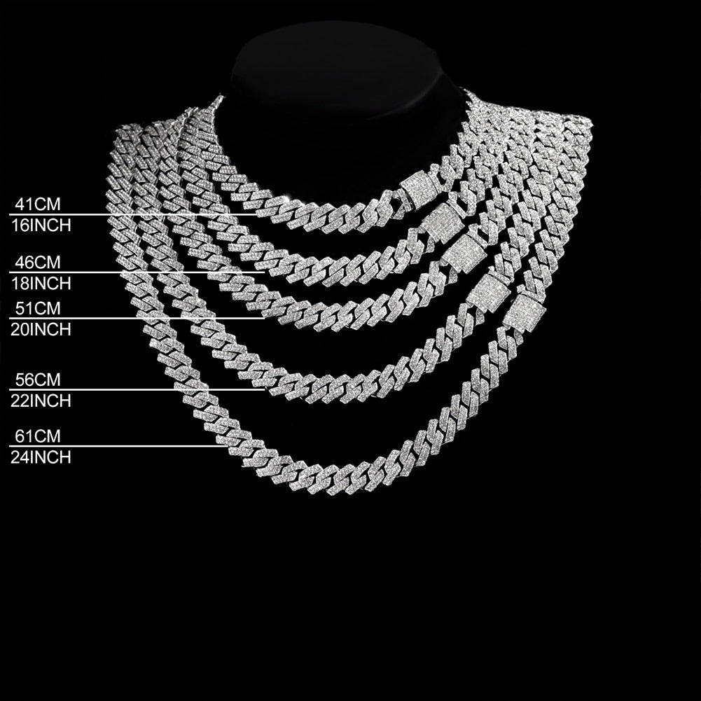 Hip Hop 14MM Prong Cuban Link Chain Necklace & Bracelet Iced Out Bling Cuban Chain Rhinestone Chains For Men Punk Rapper Jewelry