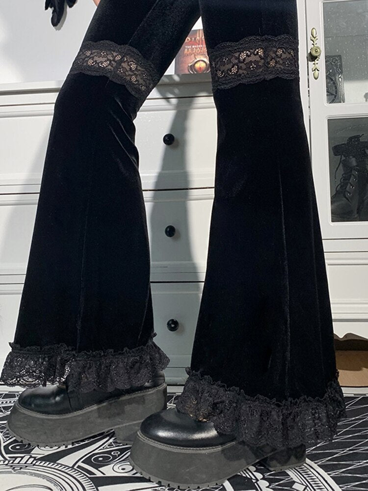 AltGoth Harajuku Punk Gothic Flare Pants Women Grunge Street Vintage Mall Goth Lace Patchwork Hollow Out Dark Black Velvet Pants