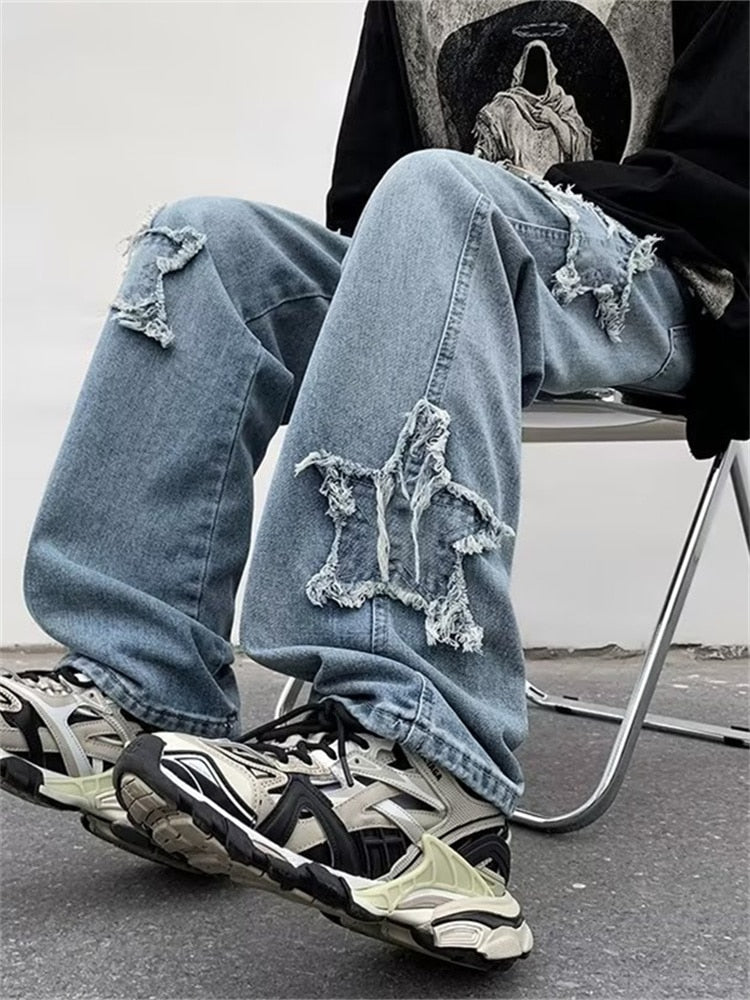 2022 New Fashion Stars Towel Embroidery Brown Baggy Men Jeans Pants Y2K Clothes Straight Hip Hop Cotton Trousers Pantalon Homme