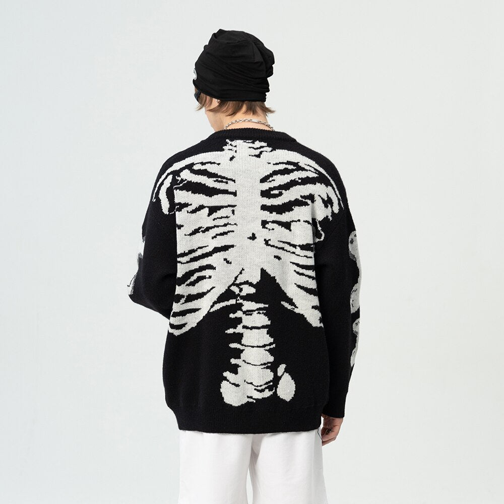 LACIBLE Harajuku Skeleton Bone Knitted Sweater Streetwear Jumpers Autumn Hip Hop Casual Pullover Sweater Men Fashion Loose Tops