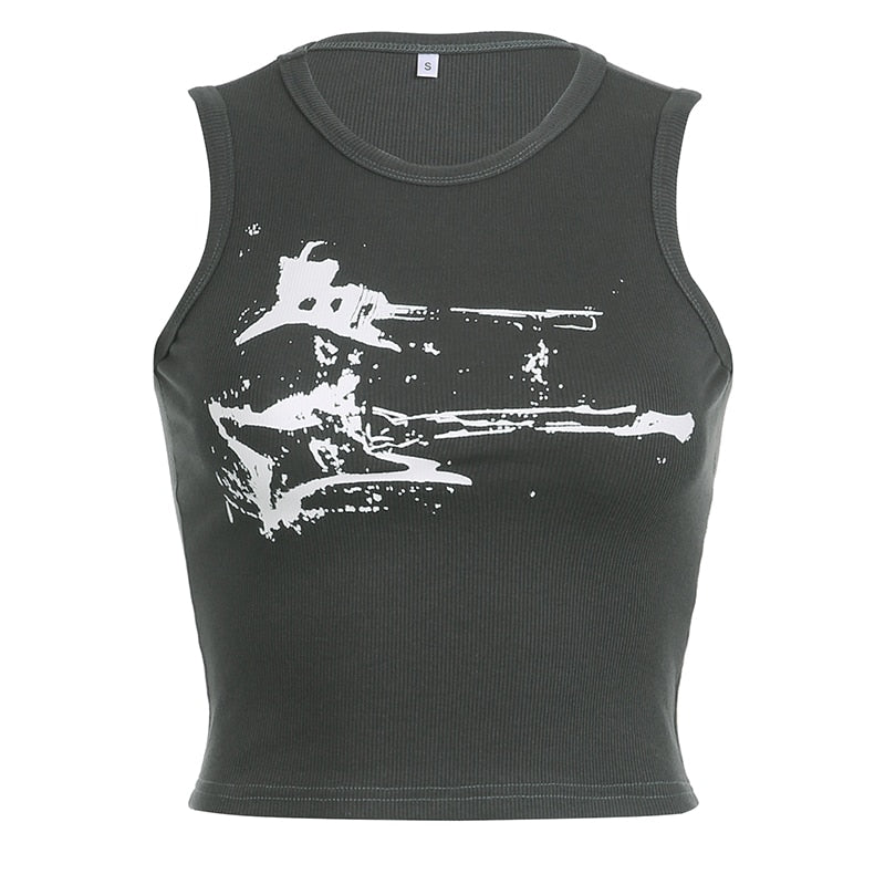 HEYounGIRL Guitar Print Sleeveless Tank Top Y2K Casual Ribbed Women Grunge Crop Top Harajuku Fashion Vest Tee 90s Street Outfits