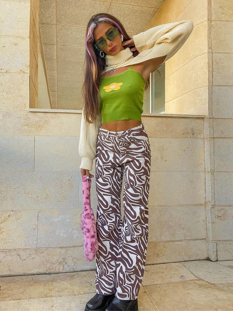 Y2K Zebra Print Straight Pants Capris Women Harajuku Baggy High Waist Casual Vintage Korean Style Streetwear Female 2020Iamhotty