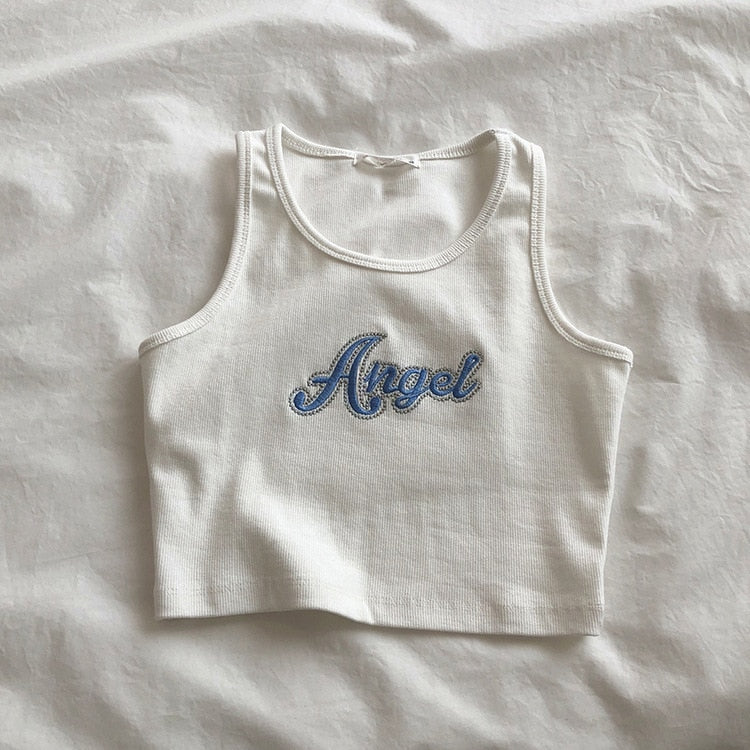 Embroidered Letters High Waist Crop Top Women Breathable Camisole Ribbed Solid Color Streetwear Y2K Gyaru Clothing Tank Top