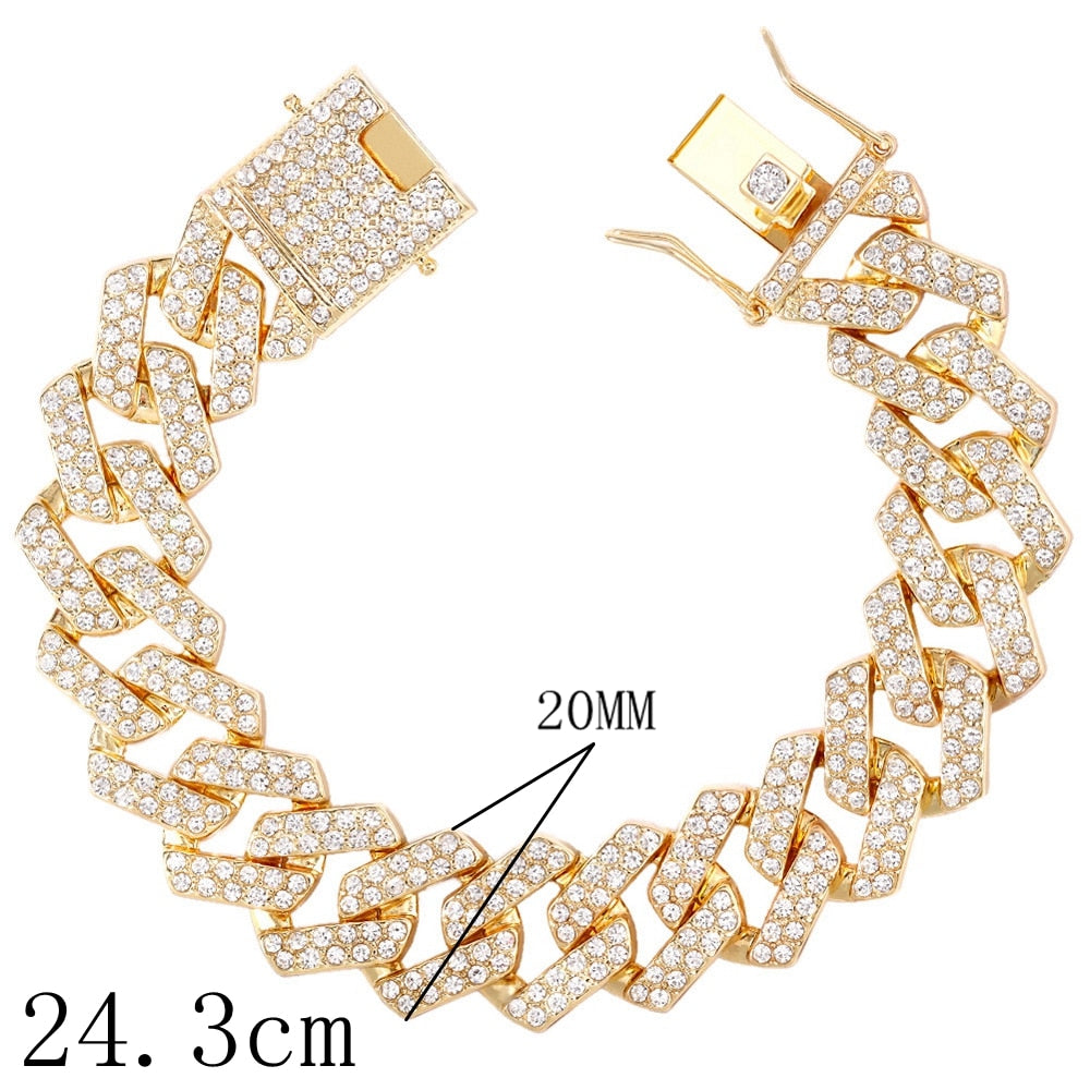 14/20MM Hip Hop Metal Cuban Bracelet Iced Out Chain Bling Full Rhinestone Pave Luxury Crystal Bracelet For Men's Jewelry Gift