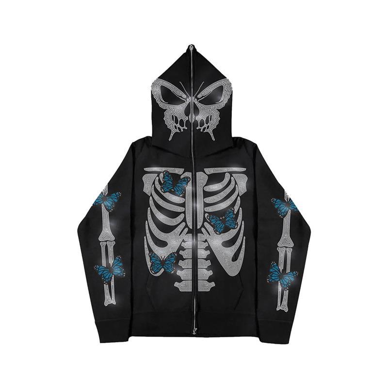 Men Y2K Full Zip Up Hoodie Gothic Streetwear Rhinestones Spider Web Jacket Coat Hip Hop Long Sleeve Oversized Hooded Sweatshirts