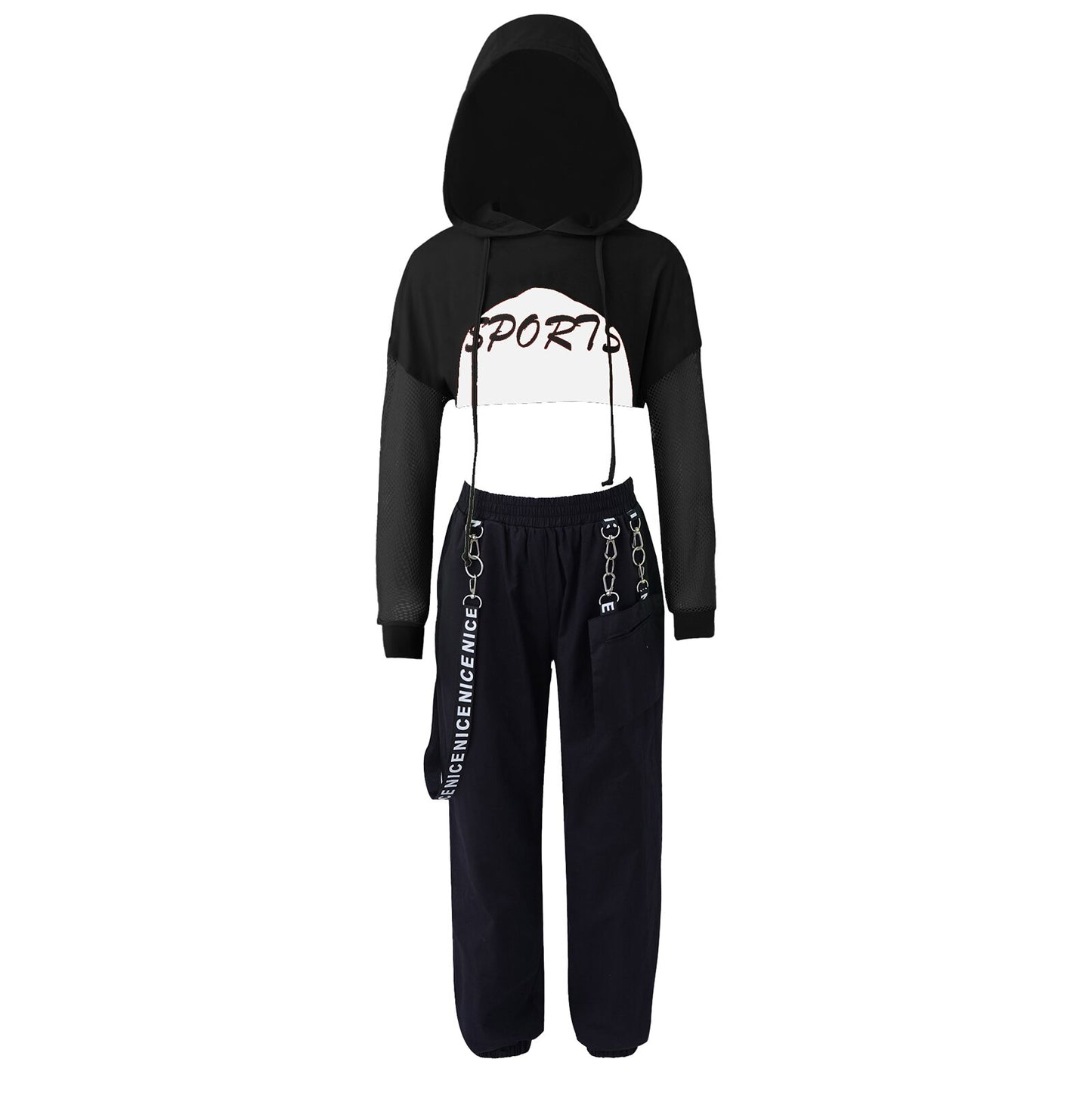 Hip Hop Girls Clothing Jazz Costumes Kids Hooded Net Cover Up Tops With Crop Vest And Pants Sports Set Modern Dance Street Wear