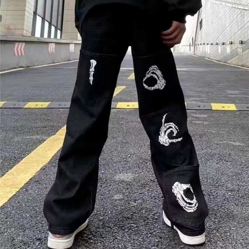 Y2K Retro Embroidered Denim Trousers Men's High Street Wide Leg Pants Street Loose Casual Jeans Letter Patch Pants Men's