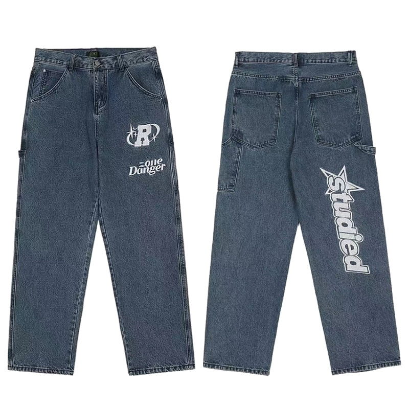 Y2K Women Korean Fashion Streetwear Casual Letter Print Straight Wide Leg Pants Baggy Denim Trousers Men Low Rise Jeans Clothes