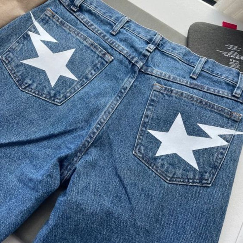 y2k baggy jeans women Retro Harajuku 2023 new lightning pattern printed jeans men's and women's street wear wide leg loose jeans