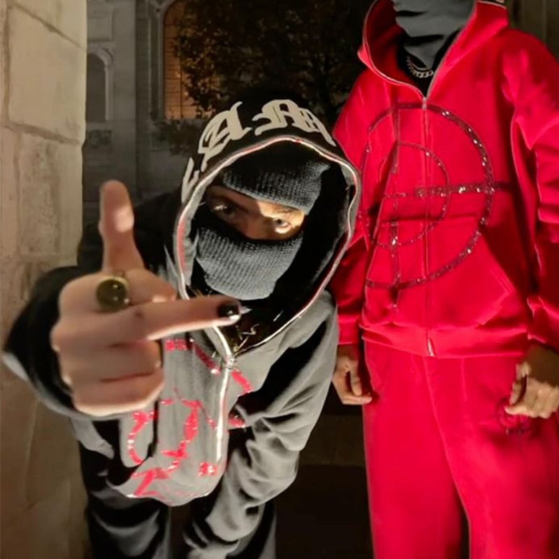 2022 Winter American Y2k High Street Red Black Hoodie Ironed Diamond Zip Up Cardigan Men Goth Couple Oversized Casual Sweatshirt