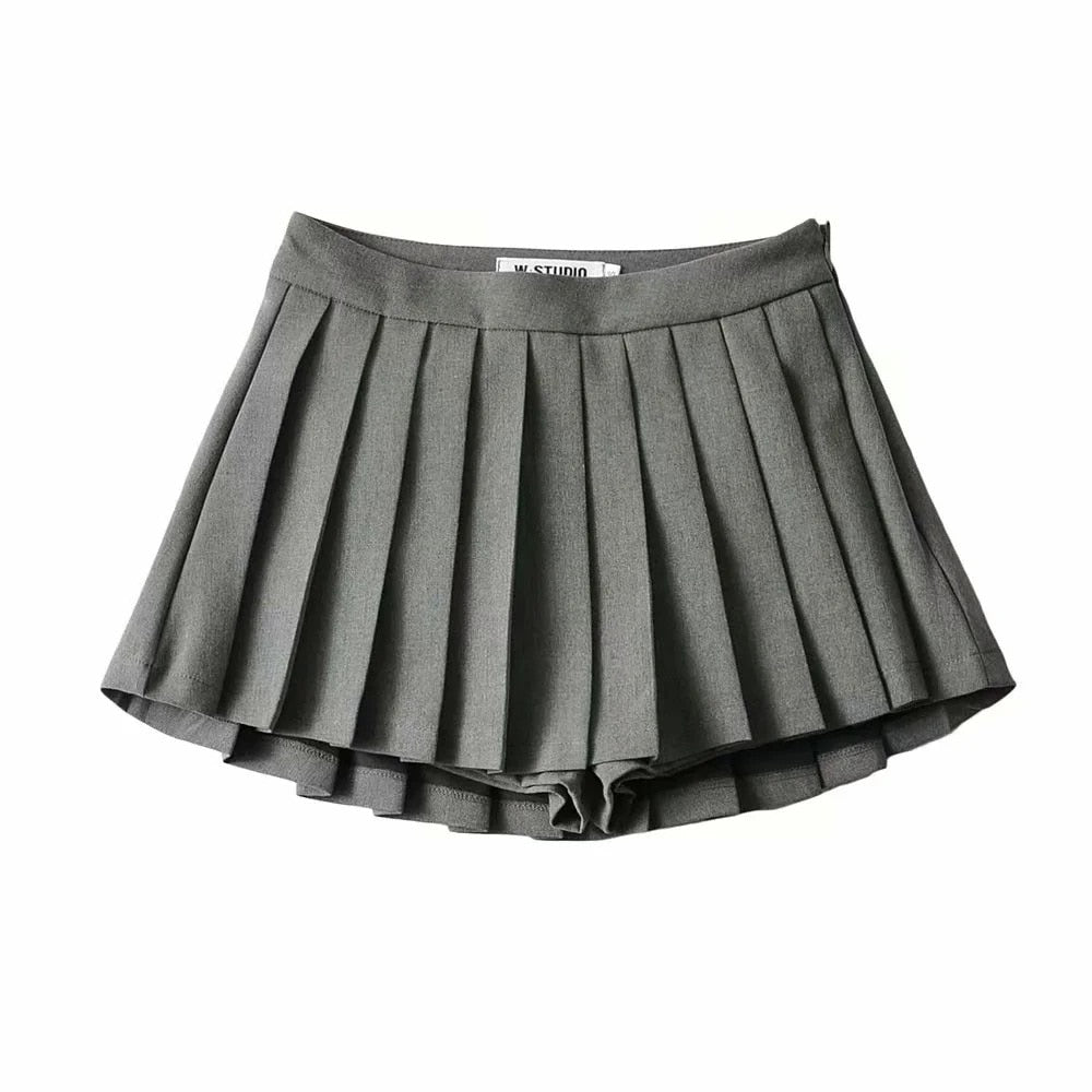 Soefdioo Women Fashion Pleated Shorts Skirts Vintage High Waist Side Zipper Skort Autumn 2022 Female Bottoms High Street Wear