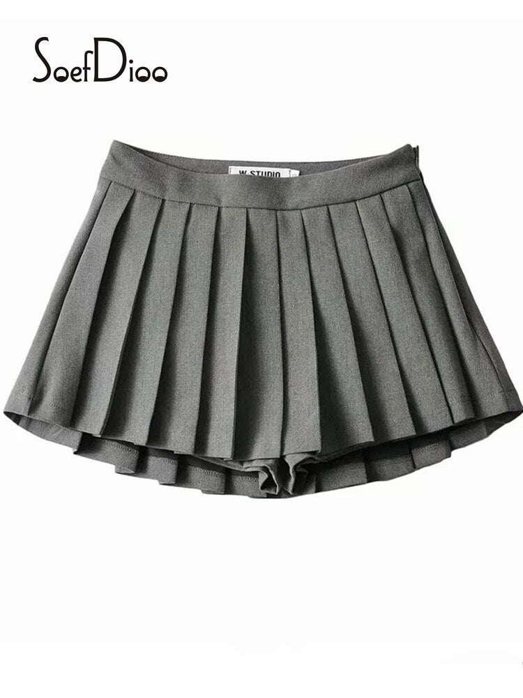 Soefdioo Women Fashion Pleated Shorts Skirts Vintage High Waist Side Zipper Skort Autumn 2022 Female Bottoms High Street Wear
