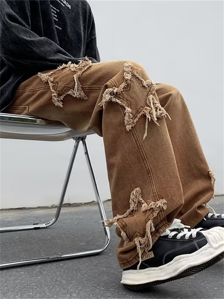 2022 New Fashion Stars Towel Embroidery Brown Baggy Men Jeans Pants Y2K Clothes Straight Hip Hop Cotton Trousers Pantalon Homme