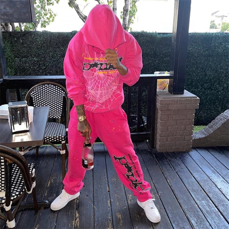 Hip Hop Spider Web Print Hoodies Men Fashion Long Sleeve Hooded Sweatshirts Pants Gothic Punk Oversized Winter Hoodie Tops