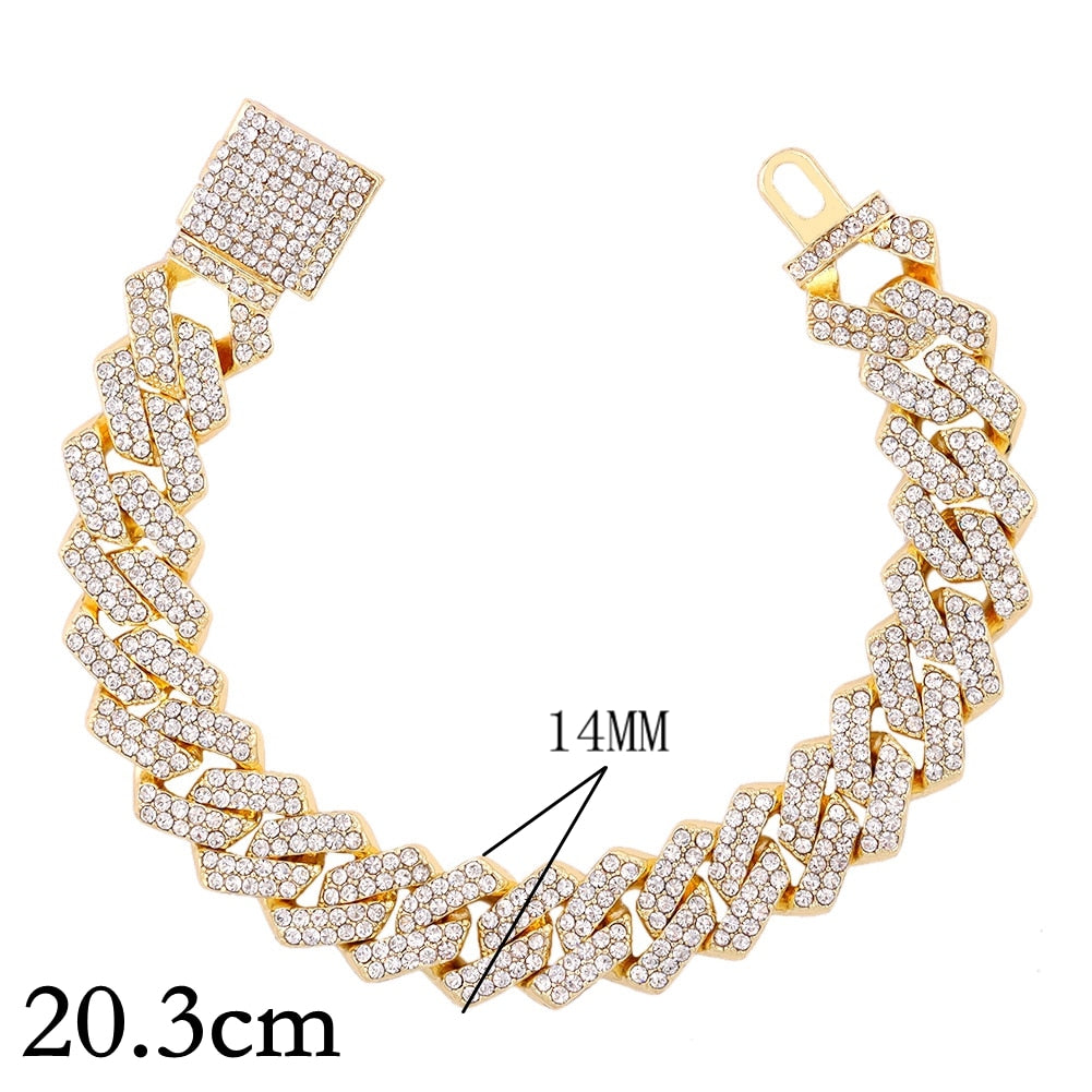 14/20MM Hip Hop Metal Cuban Bracelet Iced Out Chain Bling Full Rhinestone Pave Luxury Crystal Bracelet For Men's Jewelry Gift
