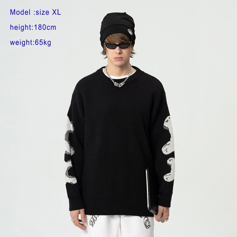 LACIBLE Harajuku Skeleton Bone Knitted Sweater Streetwear Jumpers Autumn Hip Hop Casual Pullover Sweater Men Fashion Loose Tops