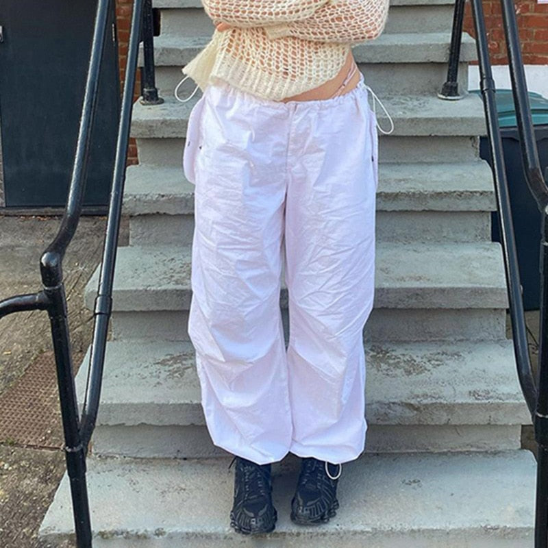 Women Casual Joggers Tech Pants Oversized Solid Low Waist Drawstring Baggy Trousers Y2K Fashion Wide Leg Cargo Pants Streetwear