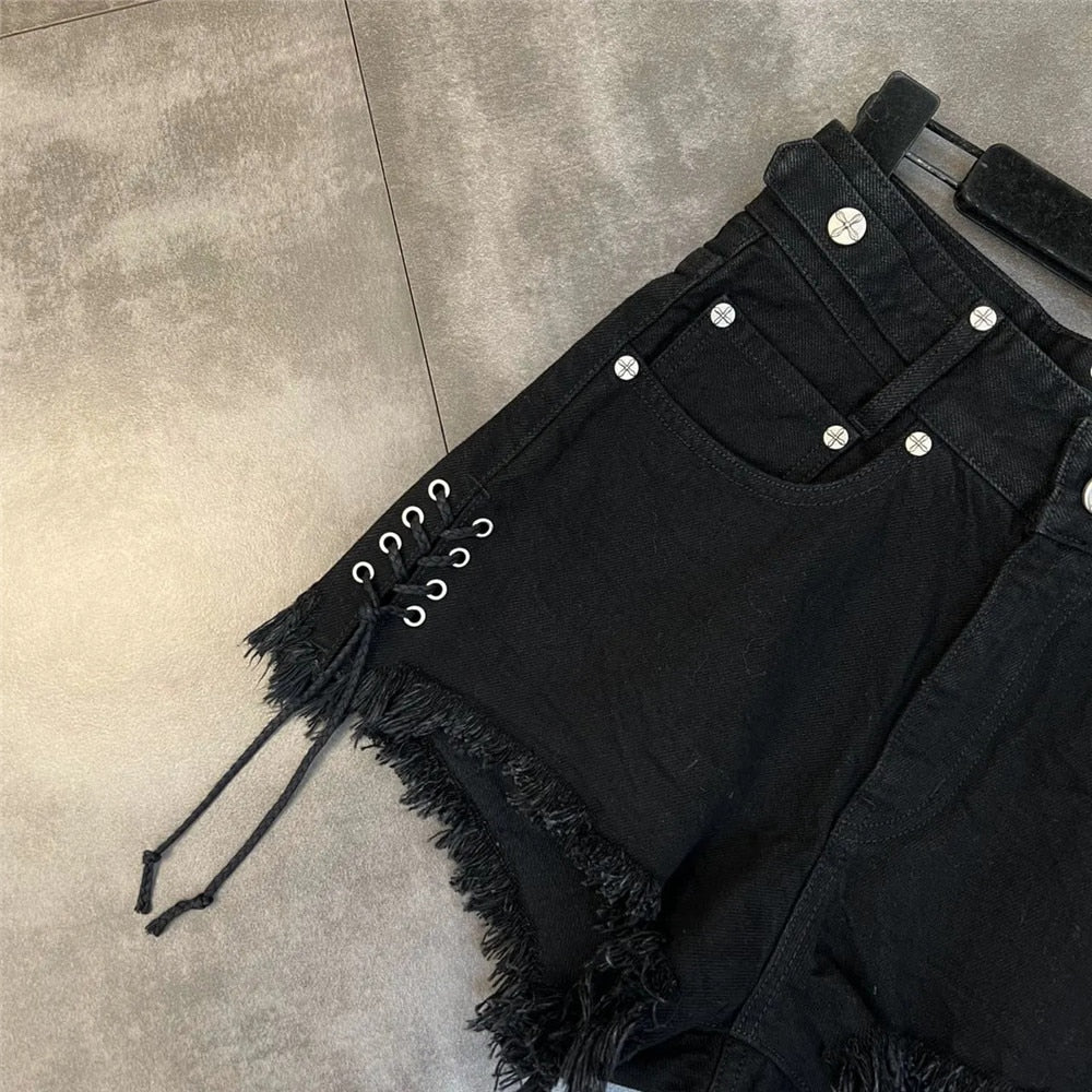 Summer Bandage Tassel Trend Jeans Female Black Personality Raw Fringe Denim Shorts Sweet Cool Dark Gothic Hip Hop Streetwear