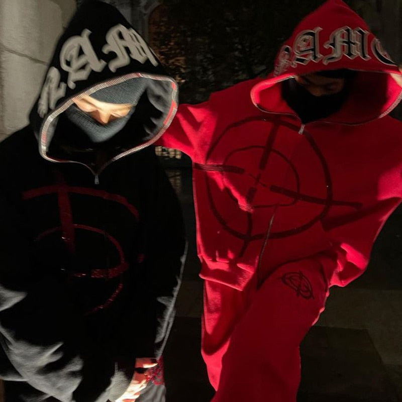 2022 Winter American Y2k High Street Red Black Hoodie Ironed Diamond Zip Up Cardigan Men Goth Couple Oversized Casual Sweatshirt