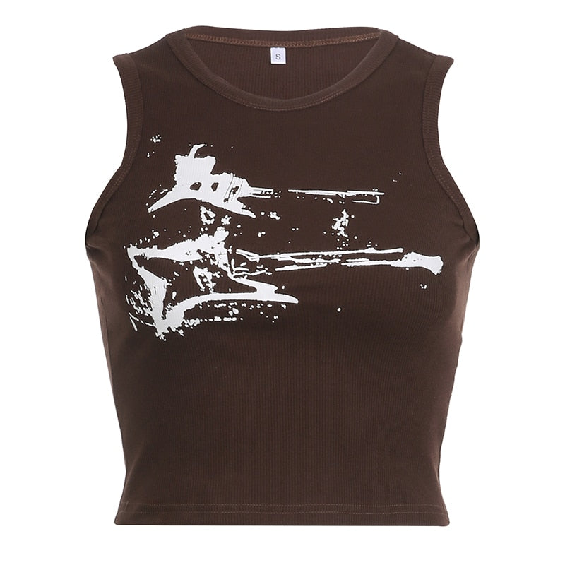 HEYounGIRL Guitar Print Sleeveless Tank Top Y2K Casual Ribbed Women Grunge Crop Top Harajuku Fashion Vest Tee 90s Street Outfits
