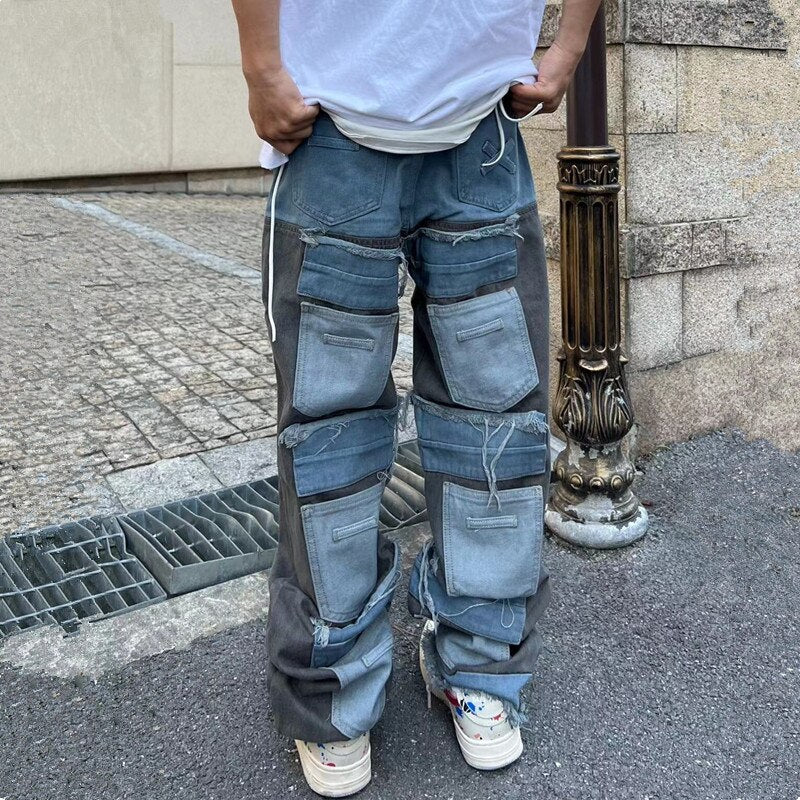 2023 Cyber Y2K Streetwear Baggy Stacked Jeans Pants Men Clothing Straight Punk Multiple Pockets Denim Trousers Vetements Homme