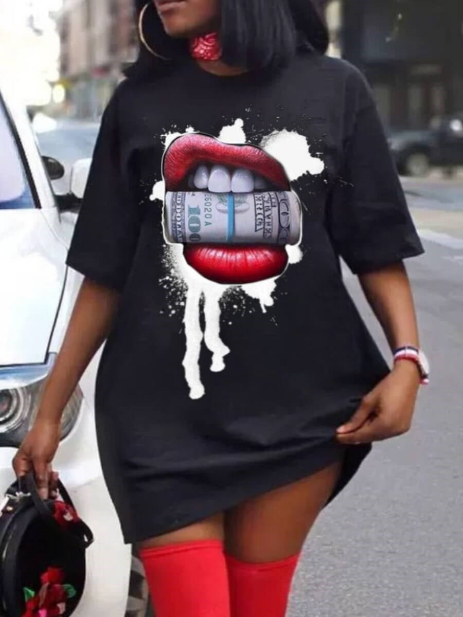 LW Plus Size Women Short Dress Casual O Neck Lip Print Black Mini T-shirt Dress Loose Sexy Mini Dress Robe Camiseta Vestidos