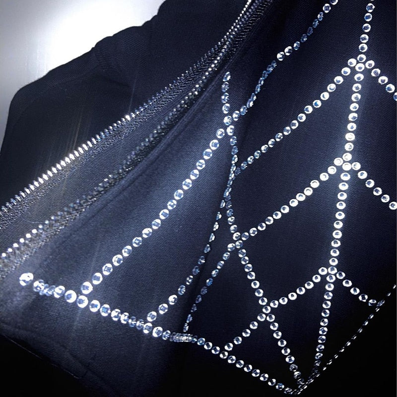 Sudadera con capucha Y2K para hombre, ropa con estampado gráfico de letras de diamantes de imitación, con cremallera, sudadera gótica de manga larga, Top de gran tamaño