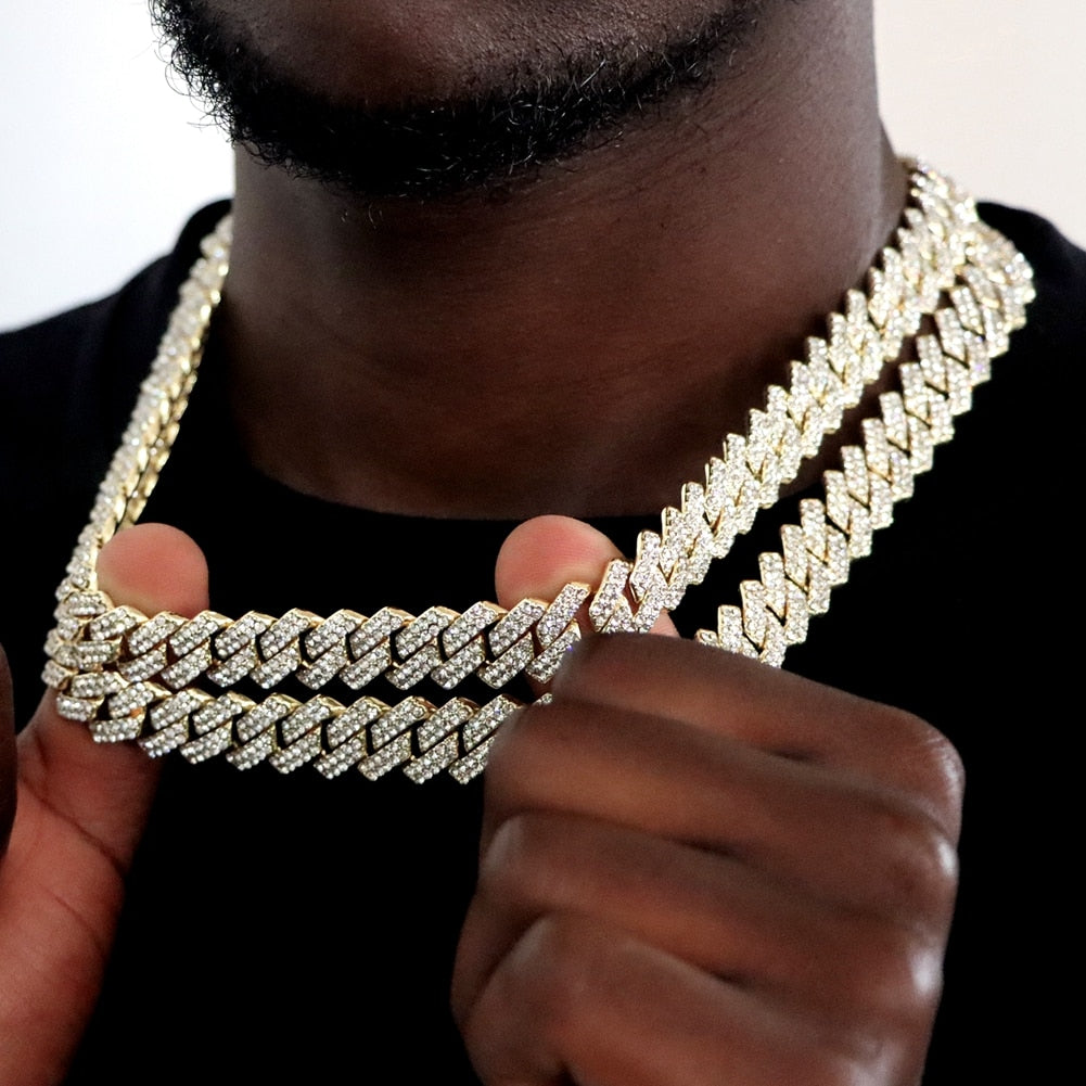 Hip Hop 14MM Prong Cuban Link Chain Necklace & Bracelet Iced Out Bling Cuban Chain Rhinestone Chains For Men Punk Rapper Jewelry
