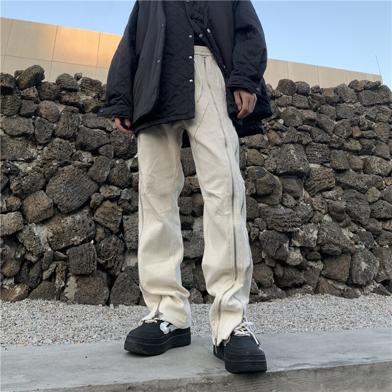 Zipper Hip Hop Cargo Pants Y2k Jeans Woman Man Baggy Streetwear Casual Black Stacked Men Free Shipping Slim Flare White Men's