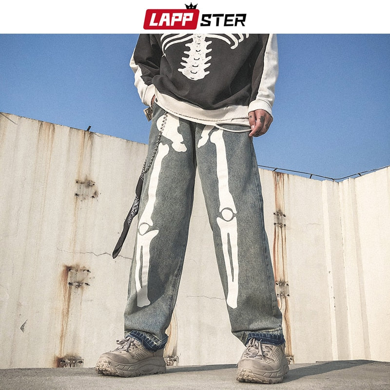 LAPPSTER Men Skeleton Oversized Black Jeans Pants 2023 Denim Mens Streetwear Hip Hop Harem Pants High Wasit Denim Pants Overalls