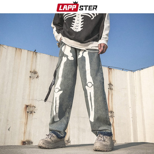 LAPPSTER Men Skeleton Oversized Black Jeans Pants 2023 Denim Mens Streetwear Hip Hop Harem Pants High Wasit Denim Pants Overalls