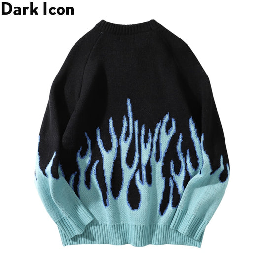 DARK ICON Blue Flame Sweater Me 2019 Winter Streetwear Men's Sweaters Pullover Knitwear Sweater for Men