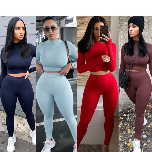 Winter Fitness 2 Two Piece Set Women Lounge wear Long Sleeve Crop Top + Leggings Bodycon Tracksuit Women Outfits Jogging Femme