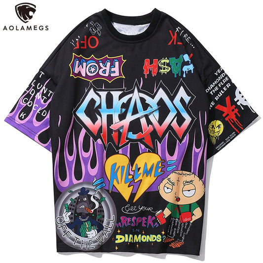 Aolamegs T Shirt Men Graffiti Cartoon Printed Men's Tee Shirts Short Sleeve T Shirt Fashion High Street Tees Summer Streetwear