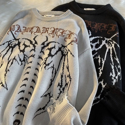 2022 Men Oversized Sweater Hip Hop Streetwear Knitted Jumper Sweaters Harajuku Bat Skeleton Print Gothic Pullover Couples Unisex
