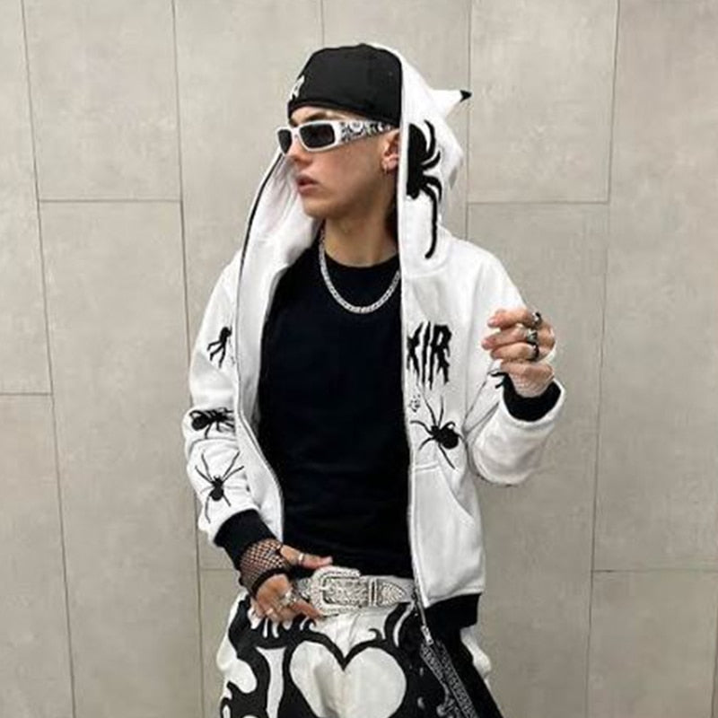 Men's Oversized Zip Hoodie Spider Print Hoodie Y2K Hip Hop Street Style Fashion Punk Sports Jacket Pullover Jacket Apparel