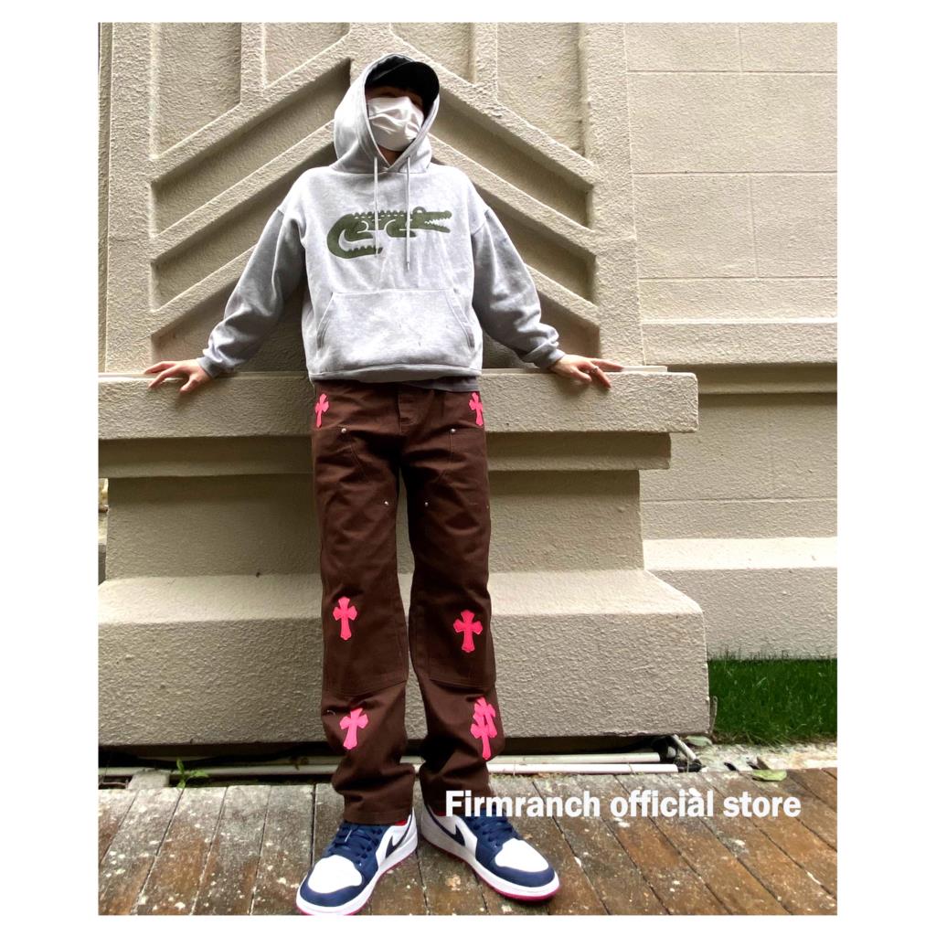 Firmranch New Leather Pink Cross Jeans For Men/Women 2023 High Street Jeans Brown Straight Stacked Jeans Denim Moto