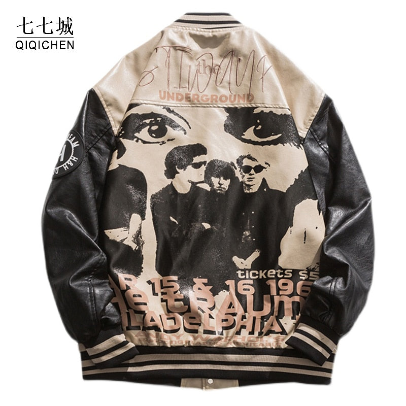 Beyzbol deri ceket erkekler portre mektubu Embroid motosiklet PU ceket erkek boy Varsity Vintage bombacı ceket Unisex yeni