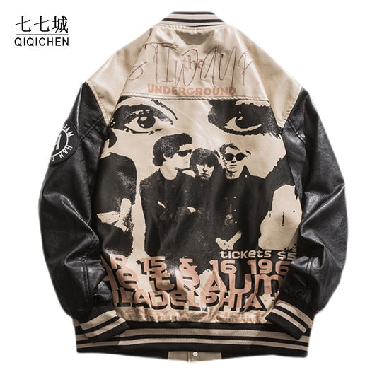 Beyzbol deri ceket erkekler portre mektubu Embroid motosiklet PU ceket erkek boy Varsity Vintage bombacı ceket Unisex yeni